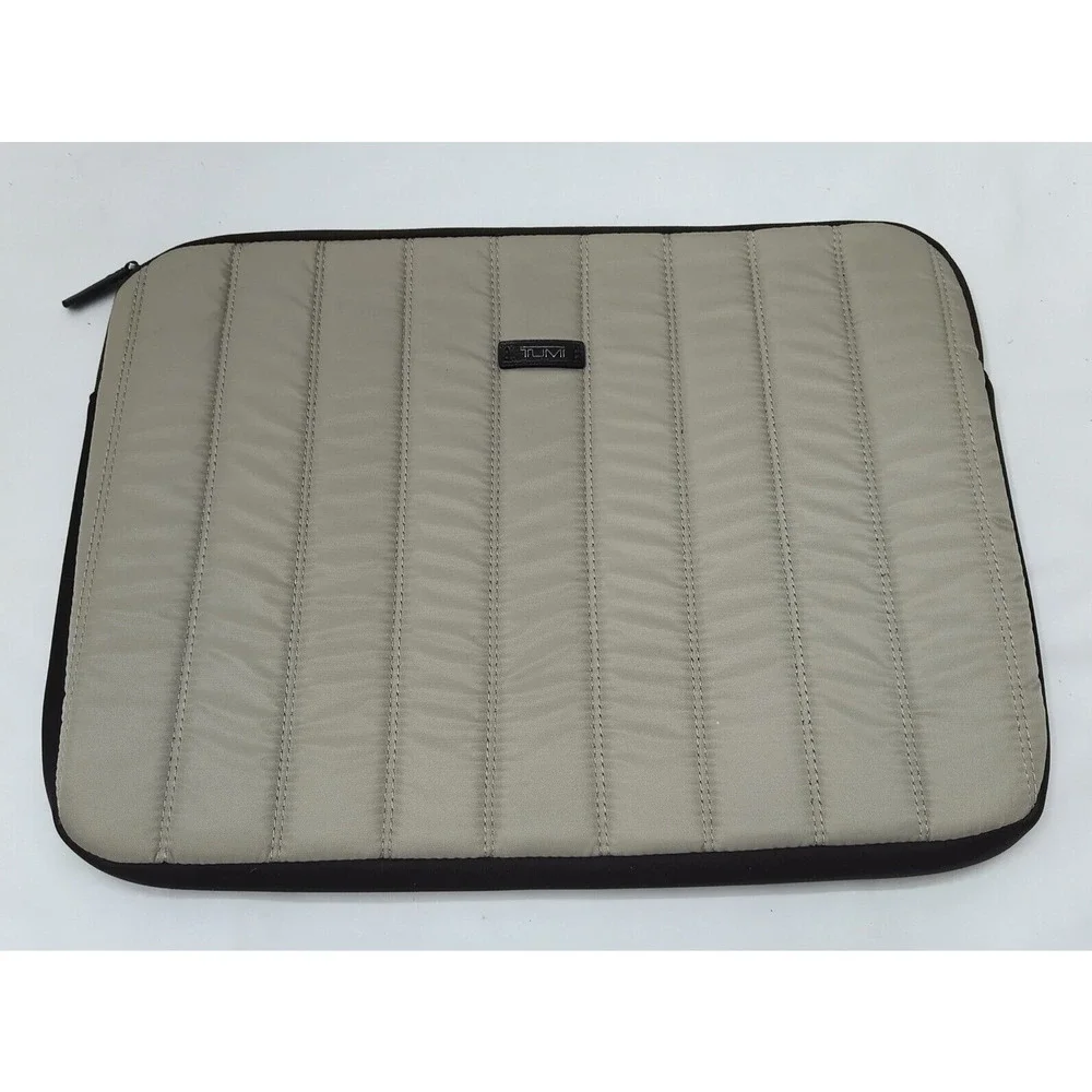 Tumi Brown Leather Gray Canvas Pushlock Laptop Briefcase Business Crossbody Bag